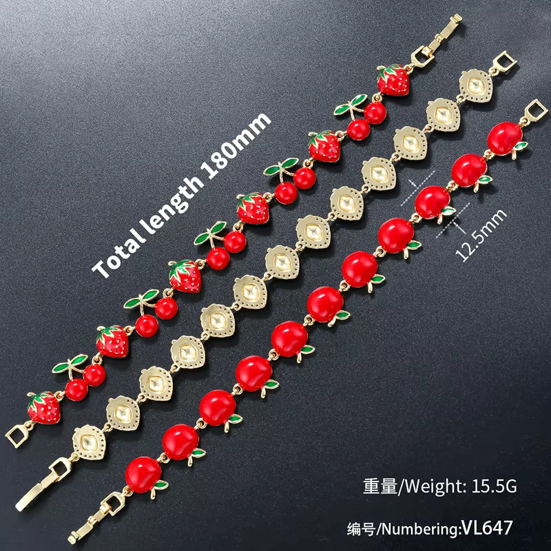 ZHUKOU Armband, Kupfer, rote Emaille, Erdbeere, Kirsche, Damen - Bild 1