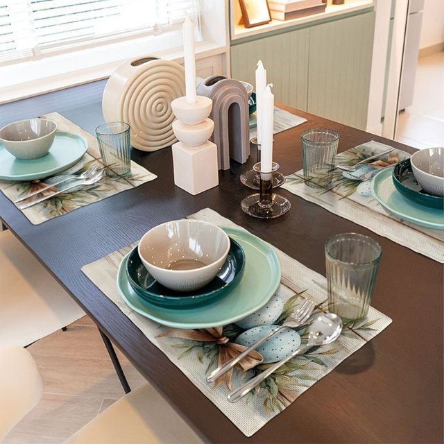 VIKAMA Oster-Tischsets aus Leinen mit Ei- und Schleifen-Design, rutschfest und hitzebeständig, Mehrfarbig - Bild 1