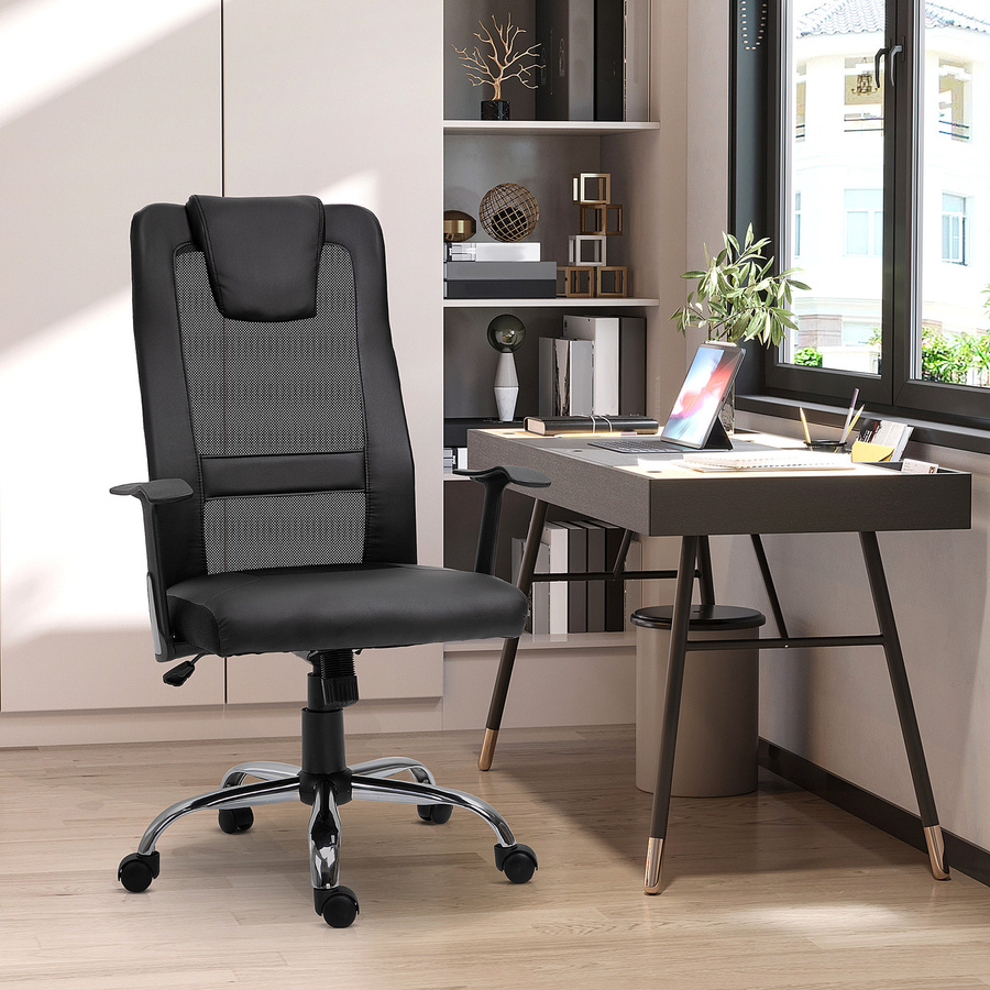 HOMCOM Chefsessel in Schwarz mit Kopfstütze, Armlehnen und Netzstoff, höhenverstellbar und drehbar, B/H: 70 x 124 cm - Bild 2