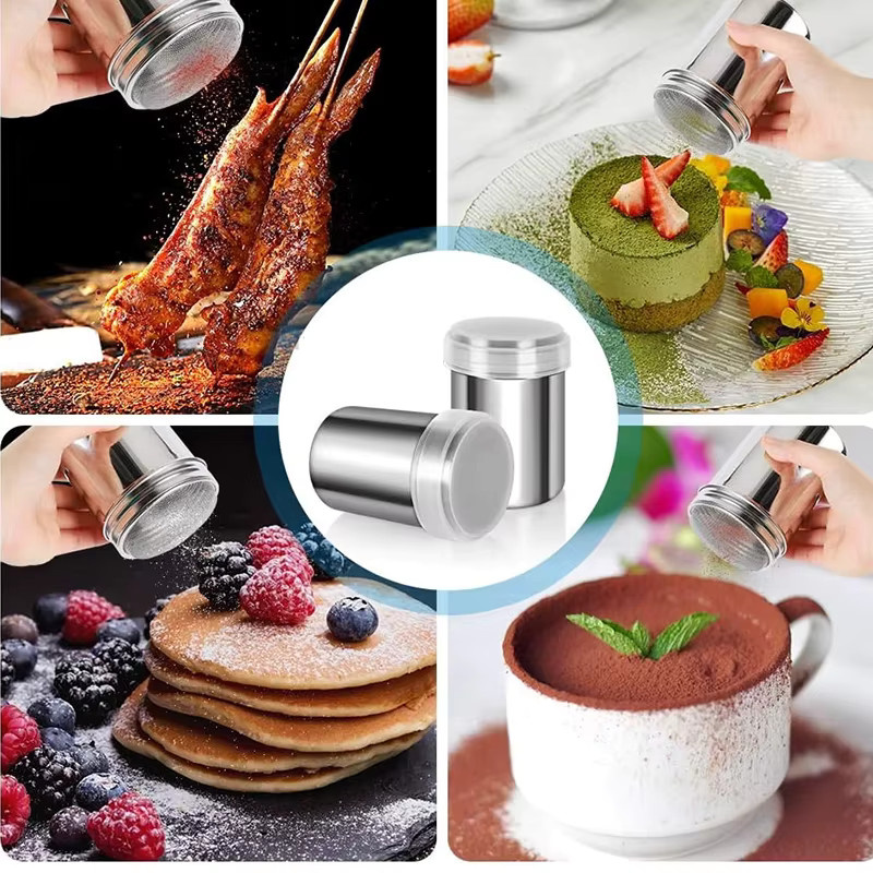 YOCITY Edelstahl-Kaffeeshaker Set mit Sieb in Silber für Kakao, Schokolade und Puderzucker - Bild 5