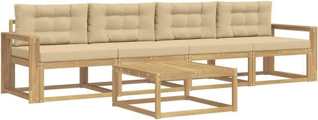 vidaXL Outdoor-Sofagarnitur in L-Form aus Akazienholz mit Kissen und Couchtisch, Weiß und Beige - Bild 1