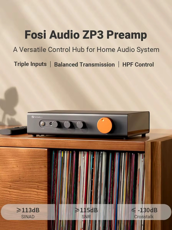 Fosi Audio ZP3 Symmetrischer Vorverstärker in Schwarz mit Fernbedienung, 3-in/3-out XLR/RCA/SUB OUT und Hochpassfilter (HPF) - Bild 5