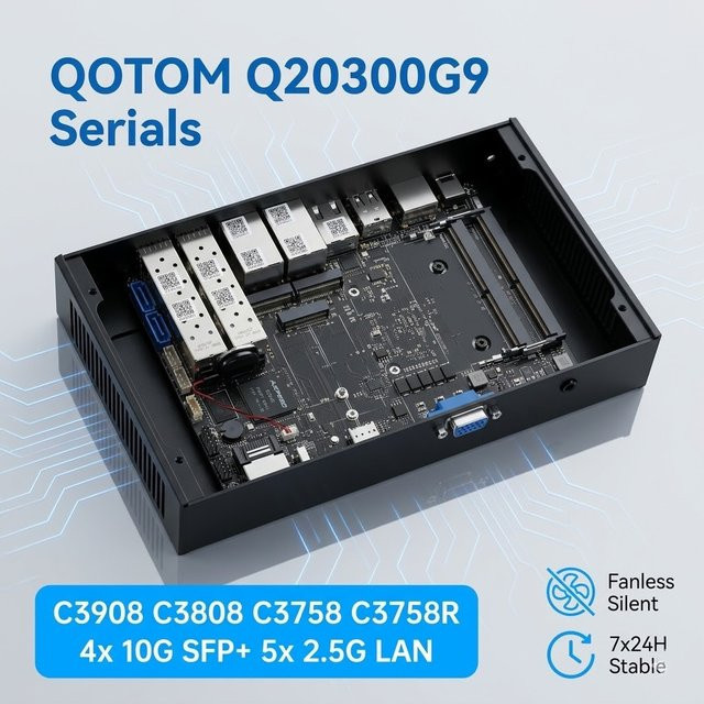Qotom Q20300G9 Mini PC Lüfterloser Router mit Intel Atom C3908 C3808, 4x 10Gbps SFP+ und 5x 2.5G, Schwarz - Bild 1
