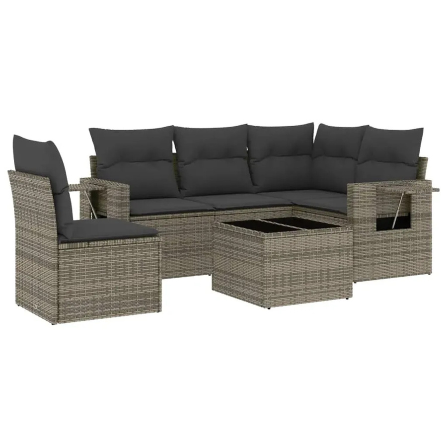 vidaXL 6-teilige Garten-Sofagarnitur in L-Form aus grauem Poly-Rattan mit Kissen und pulverbeschichtetem Stahlgestell - Bild 2