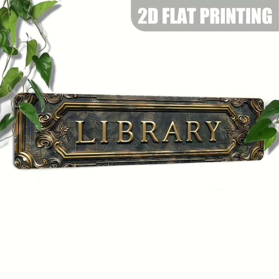 VANRISI Metall-Wandkunst Bibliothekszeichen in Gold, Vintage Dekoration für Arbeitszimmer und Heimbüro, B: 40,0 cm, H: 39,37 cm, T: 10,0 cm - Bild 2