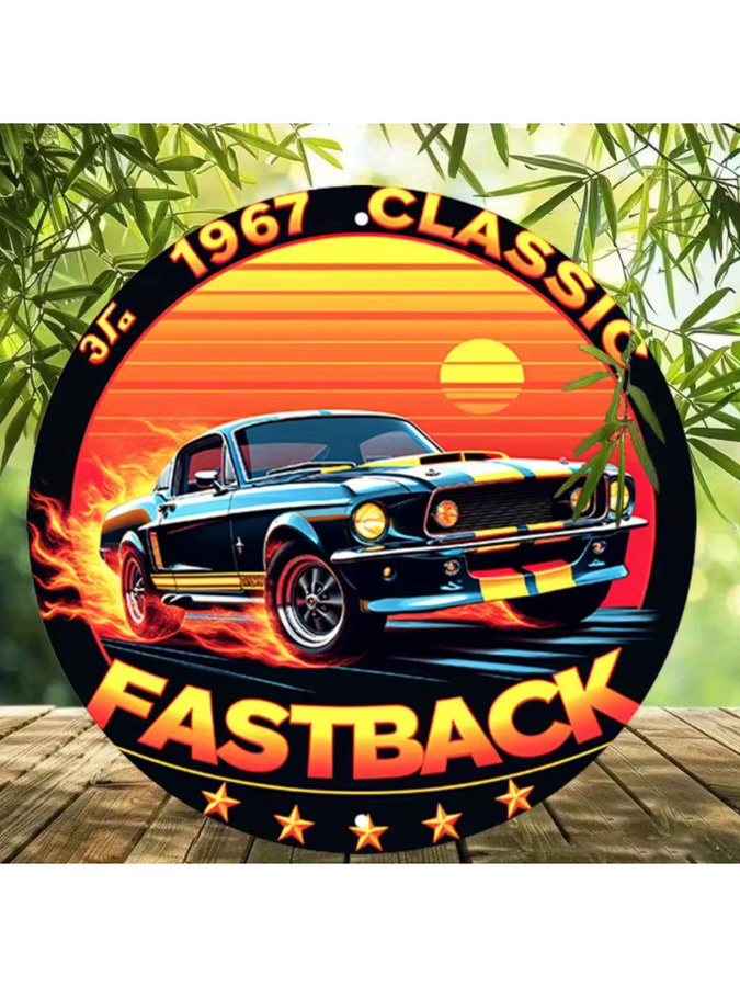 Rundes Vintage Aluminium-Metallblechschild von Hello Young mit 1967 Classic Fastback Design, Flammen und Sonnenuntergang, Durchmesser: 20 cm - Bild 7