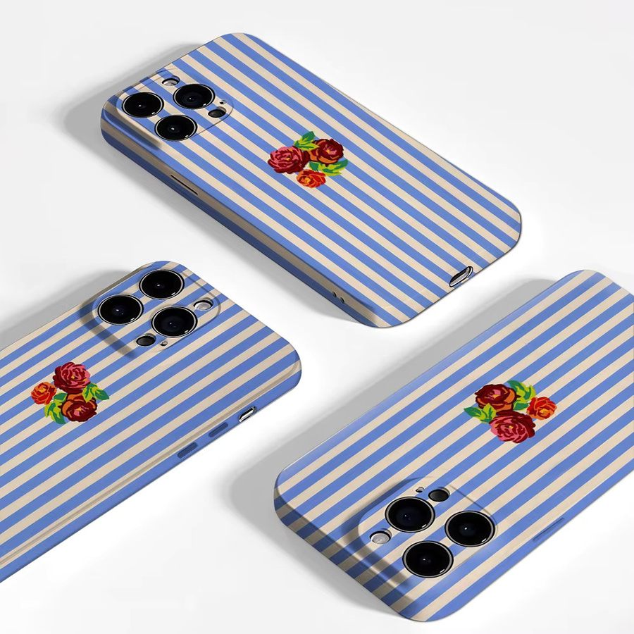 Doppelschichtige iPhone Handyhülle mit Rosenmuster auf blau-weiß gestreiftem Design für Apple iPhone 18 17 16 15 14 13 12 Pro Max Plus - Bild 2