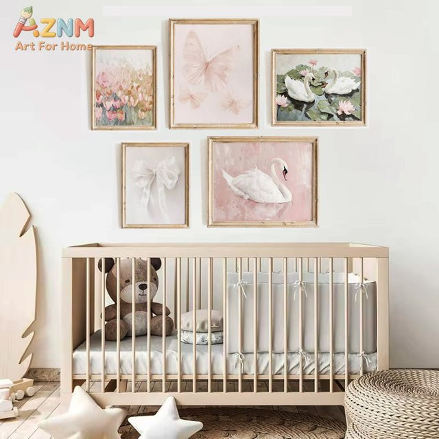 AZNM Leinwand-Wandkunst mit rosa Schwan, Schmetterlingen und Blumen im Aquarell-Stil für das Kinderzimmer, ungerahmt - Bild 1