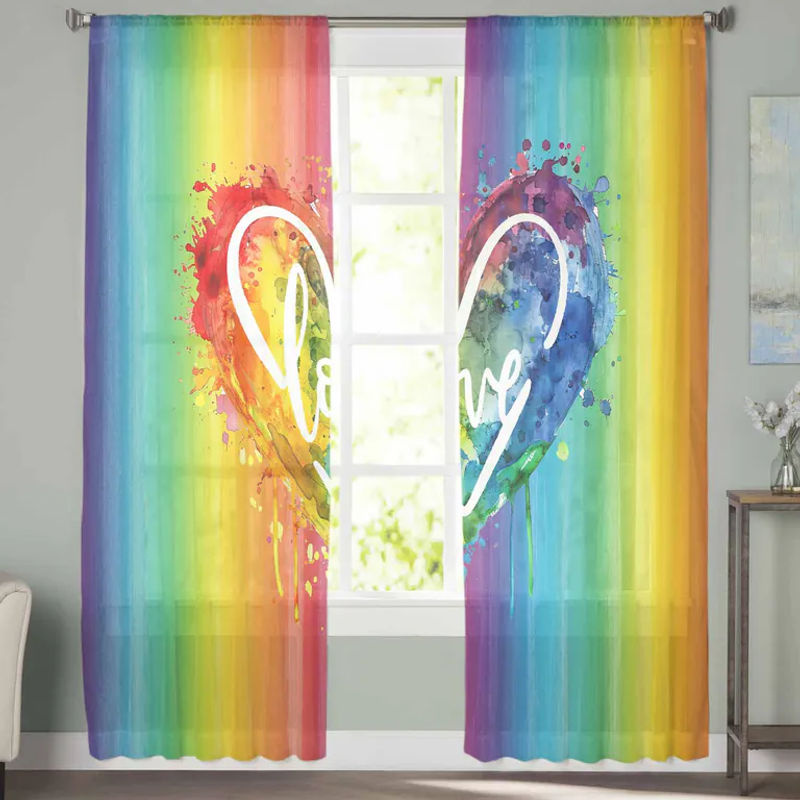 Super Six Regenbogen Aquarell Liebesherz Tüll Vorhang aus Chiffon, Transparent, Gelb/Mehrfarbig, B: 135 cm, H: 114 cm - Bild 2