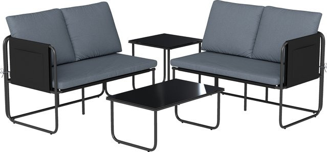 Outsunny 4-teiliges Gartenmöbel-Set in Grau mit 2 Zweisitzer-Sofas, 2 Glastischen und Kissen aus atmungsaktivem Textilene und Stahlgestell - Bild 1