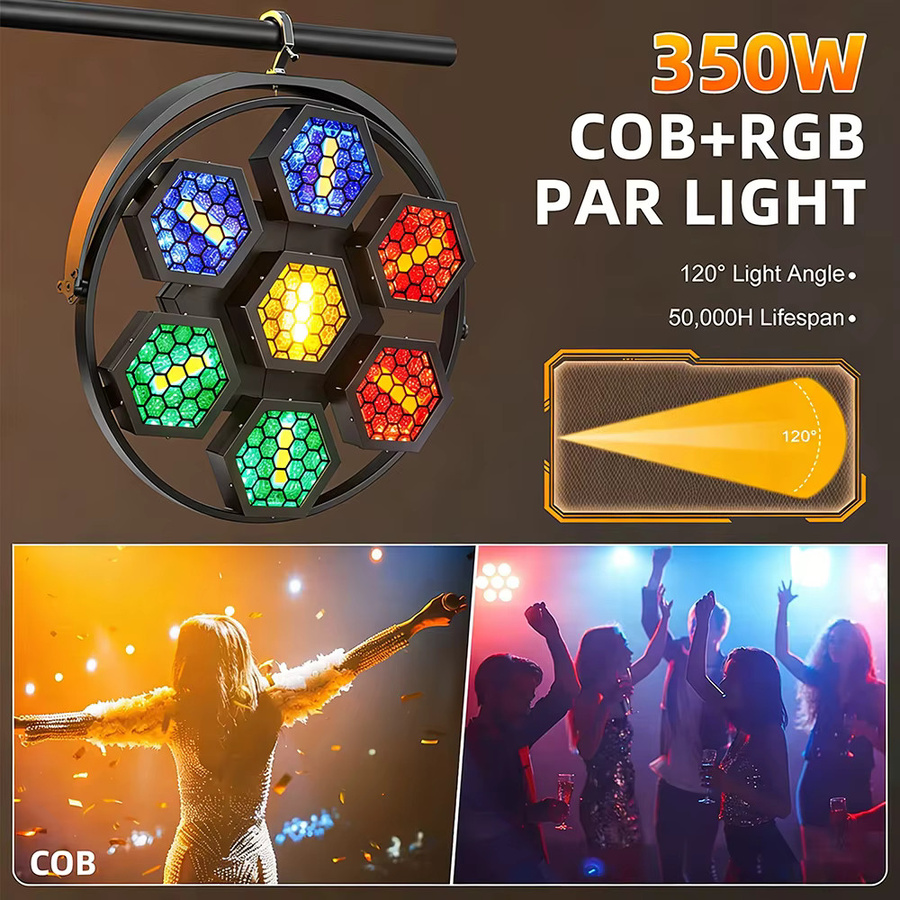 CHEGIT Professionelles COB LED Bühnenlicht mit DMX512, 7x50W Multicolour Retro Effekt für Club, Bar, Hochzeit und Festival, Schwarz - Bild 2