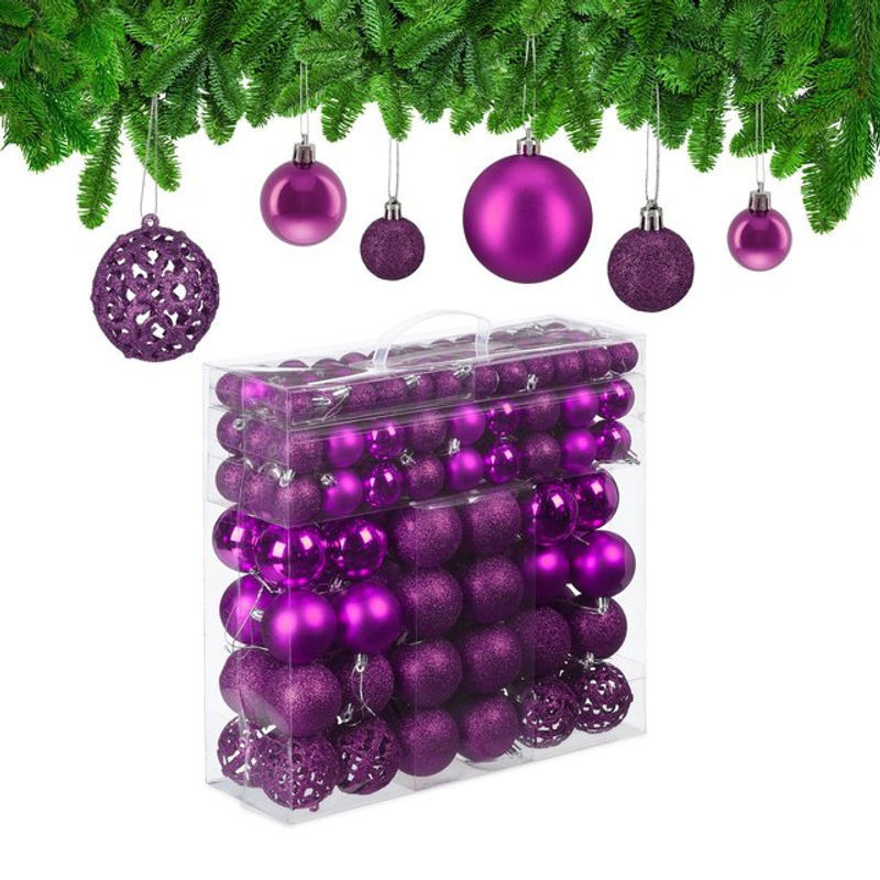 Relaxdays Weihnachtskugeln im 6er Set, runde Hängeornamente aus Kunststoff in Rosa und Lila für deine Weihnachtsdekoration - Bild 1