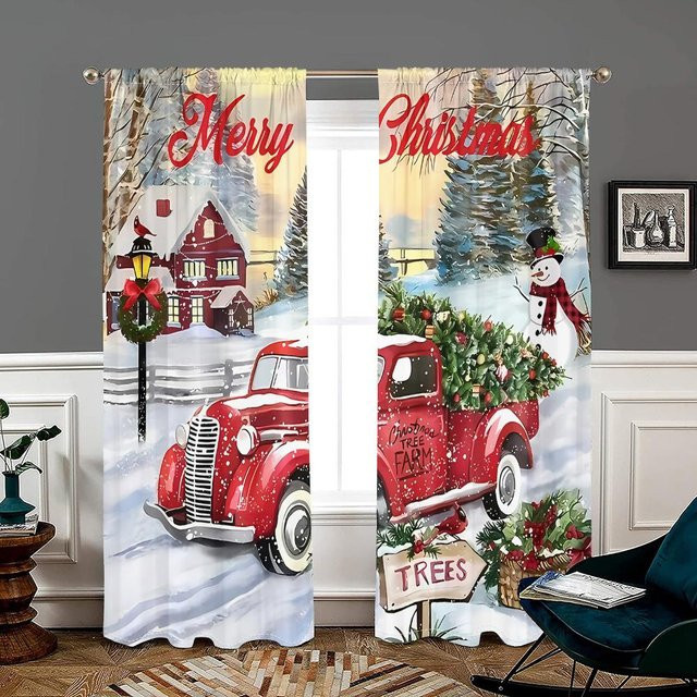 2er-Set Weihnachts Vorhänge mit rotem LKW-Motiv, halbtransparent, Farben: Rot, Weiß, Multicolour, Breite: 150 cm, Höhe: 166 cm - Bild 1