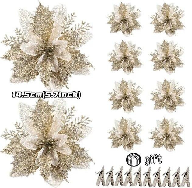 Aloisia Glitzernde Künstliche Weihnachtsblumen als Weihnachtsbaumdekoration in Gold, Rot und Silber, 10 Stück, Höhe: 14,5 cm - Bild 1