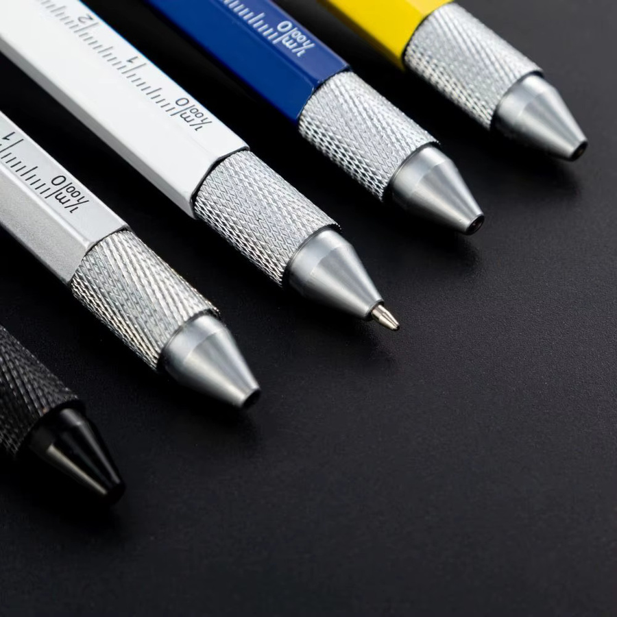 9-in-1 Metall Multi Tool Stift in Gelb mit LED Licht, Wasserwaage, Schraubendreher, Lineal und Kugelschreiber für Outdoor und Holzbearbeitung - Bild 3