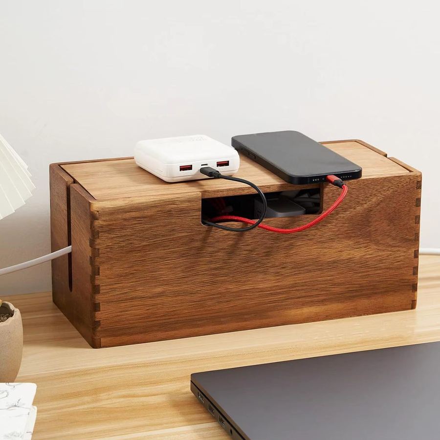Kabelorganisator-Box aus Holz in Braun und Rot zur Kabelaufbewahrung für Zuhause und Büro - Bild 3