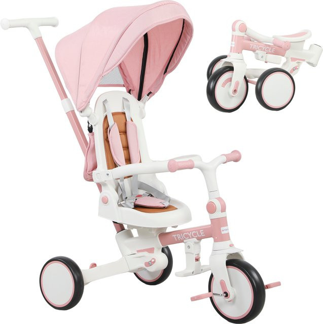 AIYAPLAY 5-in-1 Kinderdreirad mit Schubstange und Sonnendach, faltbar, Rosa - Bild 1