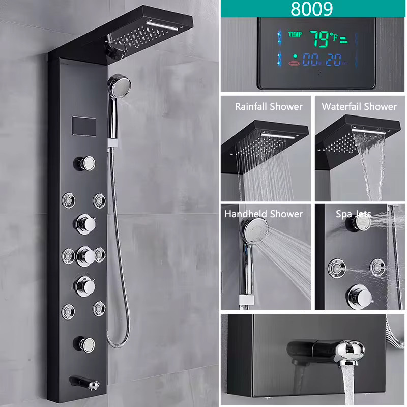 Wanmivezlo Duschsystem aus Edelstahl mit LED-Temperaturanzeige in Mattschwarz, Regenduschsäule mit Handbrause und Wannenauslauf zur Wandmontage - Bild 4