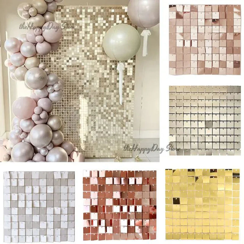 Quadratische Pailletten-Schimmerwandpaneele in Champagner, Gold und Beige für glamouröse Fotohintergründe bei Hochzeit, Geburtstag oder Neujahr - Bild 1