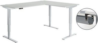 Schäfer Shop Genius Winkelschreibtisch AERO FLEX, elektrisch höhenverstellbar, 90 Grad Winkel, C-Fuß, B: 200 cm, T: 160 cm, Farbe: Lichtgrau/Weißaluminium, mit Memorypanel und Kabelkanal - Bild 1