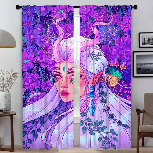2er-Set Psychedelische Mädchen Küchenvorhänge aus Tüll, halbtransparentes Dekovorhänge Set für Wohnzimmer und Schlafzimmer, Mehrfarbig, Breite: 50 cm, Höhe: 70 cm - Bild 1