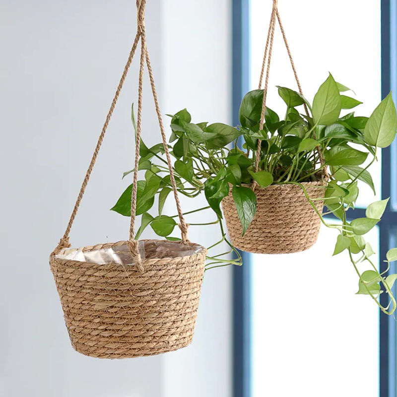 Dekorativer Blumenkorb von TOMTOP JMS aus Stroh und Jute in Braun im rustikalen Retro-Stil mit floralem Design und runder Form zum Aufhängen - Bild 6