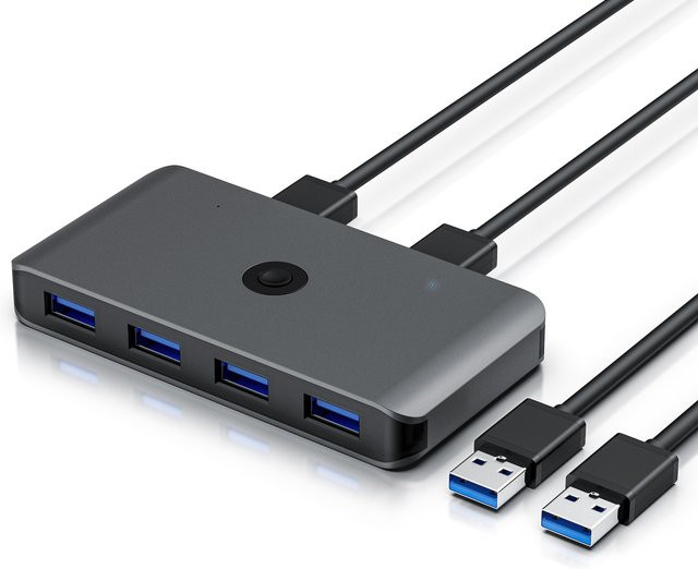 Primewire USB 3.2 Gen1 KVM Switch Umschalter in Grau mit 4 Eingängen und 2 Ausgängen für 2 PCs, 5 Gbit/s, inklusive 2 USB-Kabeln für Drucker und Scanner - Bild 1