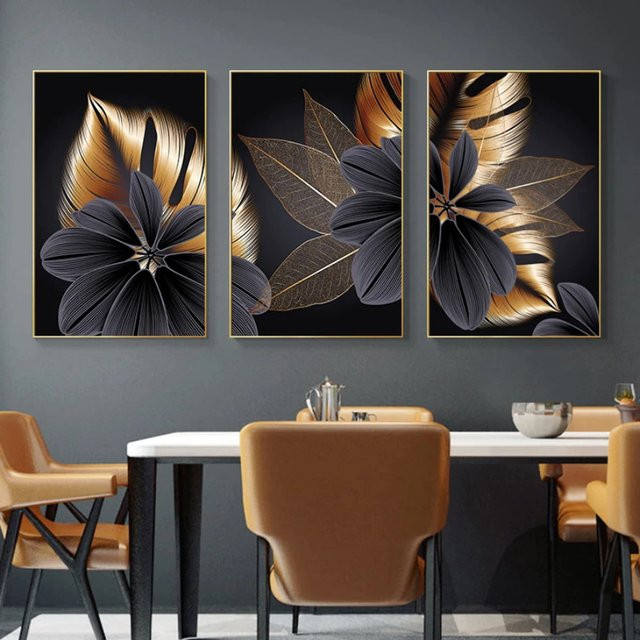 TPFLiving Luxus Poster Leinwand Set mit goldenen und schwarzen Blättern in Floral-Design, 3 Motive, Farbe: Gold, Schwarz, Braun, Breite: 30 cm, Höhe: 40 cm - Bild 1