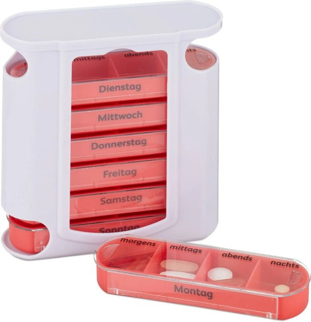 Relaxdays Pillendose aus Kunststoff in Weiß und Rot mit 7 Tagen und 4 Fächern sowie Schiebedeckel, B/T/H: 13 x 11,5 x 4,5 cm - Bild 1