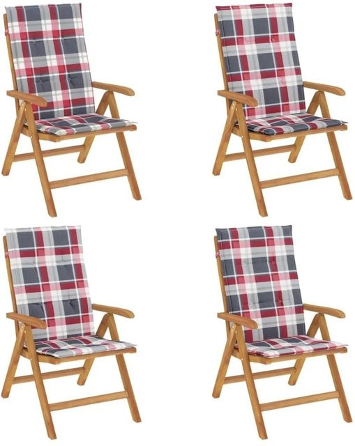 vidaXL Gartenstühle Set aus Teakholz mit roten Kissen im Karomuster, 4 Stück - Bild 1