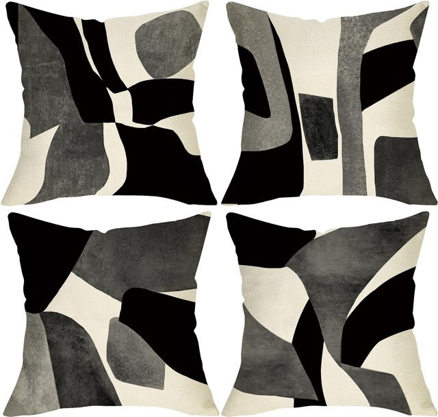 4er-Set abstrakte Kissenbezüge von JFPillowPal in Schwarz, Grau und Beige mit geometrischem Design, quadratisch, 45 x 45 cm - Bild 1