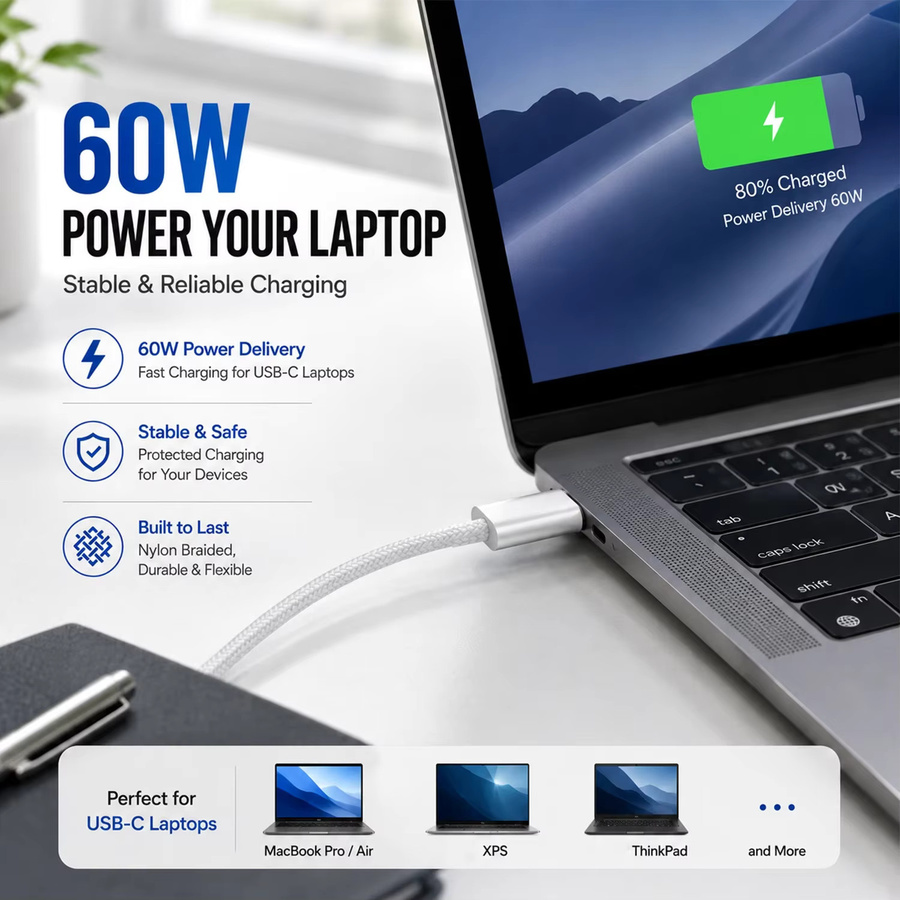 Parallel World USB-C zu USB-C Ladekabel mit 60W Schnellladefunktion, weißes geflochtenes PD-Kabel für iPhone 15 16, iPad, MacBook und Samsung - Bild 4