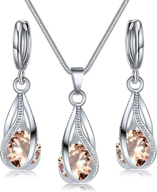 FASHION JEWELRY NB Schmuckset, Kristall-Wassertropfen-Anhänger, Halskette, Ohrringe, Silber, Champagner, Damen - Bild 1