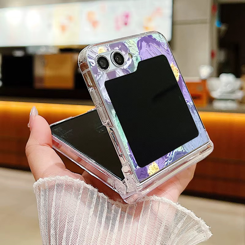 Samsung Galaxy Z Flip Schutzhülle mit Ölgemälde-Blumen-Design, Harte PC-Handyhülle für Samsung Z Flip 5G, Mehrfarbig - Bild 3