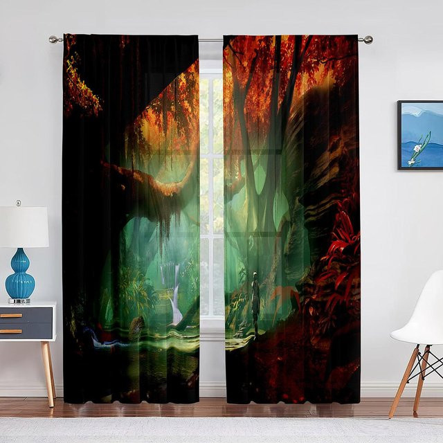 Fantasy Island Transparentes Tüllvorhang mit Naturmotiv für Wohnzimmer und Schlafzimmer, Breite: 100 cm, Höhe: 250 cm - Bild 1