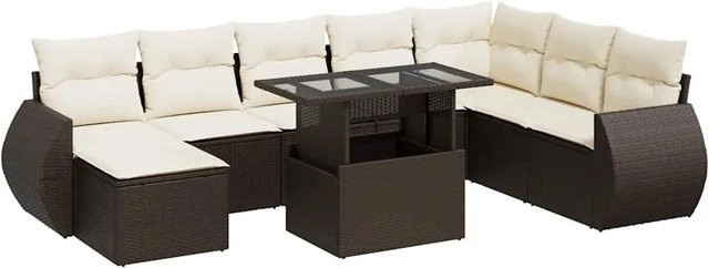 vidaXL 9-tlg Garten-Sofagarnitur in L-Form aus braunem Poly-Rattan mit wetterfesten Kissen und pulverbeschichtetem Stahlgestell - Bild 1