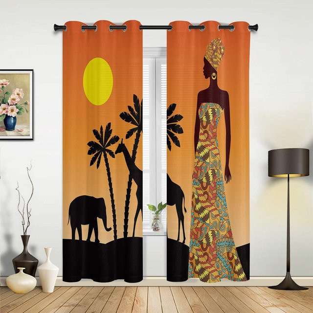 Dekorativer Vorhang im ethnischen Stil mit afrikanischem Frauenmotiv, Schwarz und Orange, Breite: 135 cm, Höhe: 60 cm - Bild 1