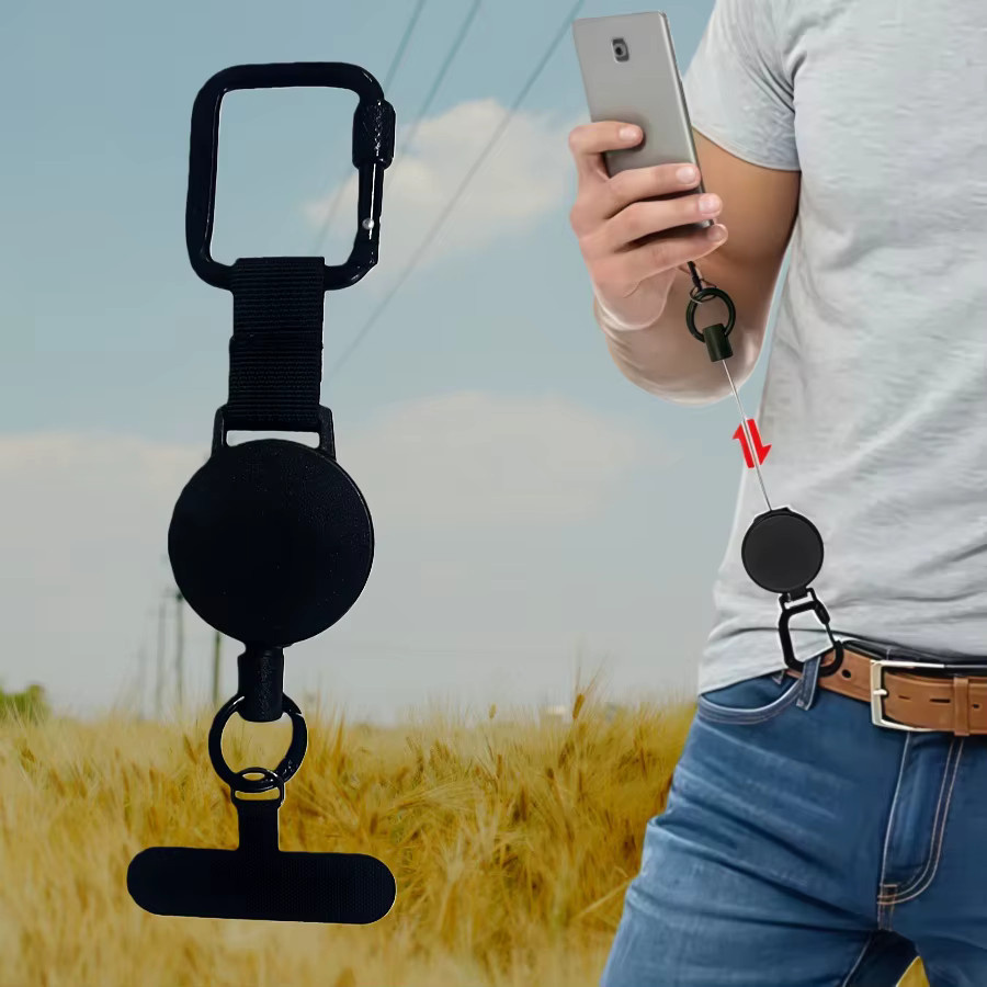 Diebstahlsicheres Handy-Trageband in Schwarz mit einziehbarem Sicherungsband, Karabiner und Gürtelclip für Handy und Tablet - Bild 4