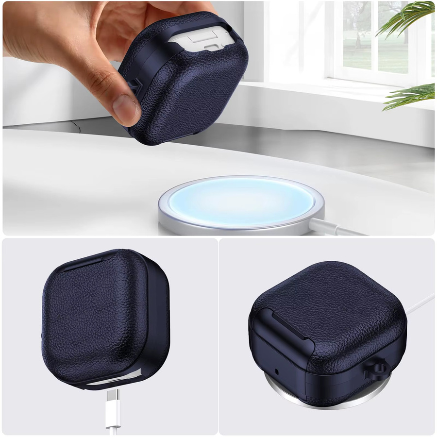 Ledertextur Etui für Samsung Galaxy Buds 4/4 Pro in Blau mit Telefonständer und Karabiner - Bild 4
