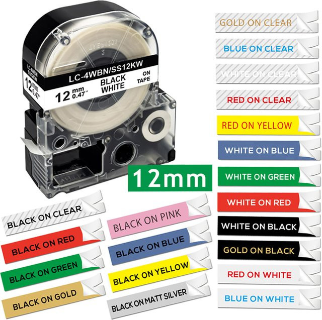 Etikettenband 12 mm kompatibel für Epson King Jim LW300 LW400 LW600P LW700 Maker, Thermodruck, Farben: Schwarz und Grün - Bild 1