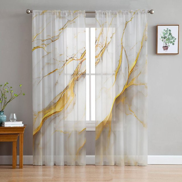 Transparente Tüll-Vorhänge mit Marmor-Textur in Weiß für Wohnzimmer und Schlafzimmer, B/H: 135 x 114 cm - Bild 1