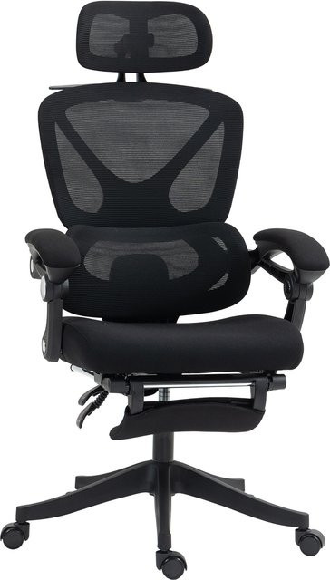 HOMCOM Ergonomischer Bürostuhl mit Kopfstütze, Mesh-Rückenlehne, Lendenstütze und Fußstütze, Schwarz - Bild 1