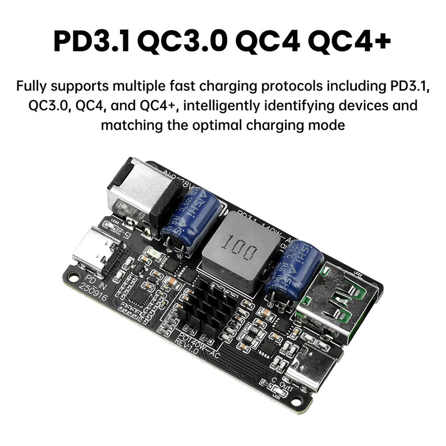 PD 140 W Hochleistungs-DC-Abwärtslademodul in Schwarz mit zwei USB-C Anschlüssen, unterstützt PD3.1, QC3.0 und QC4+ für schnelles Laden - Bild 3