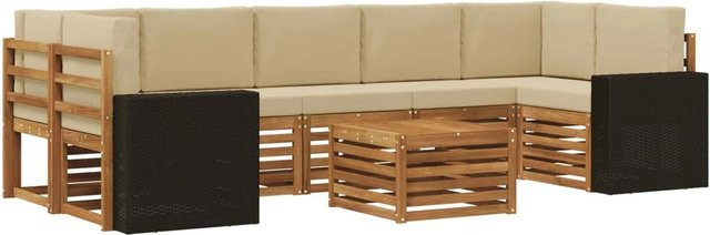 vidaXL Outdoor-Sofagarnitur aus Massivholz Akazie in Natur und Beige, 8-teiliges L-Shape Set mit Polstern und Armlehnen - Bild 1