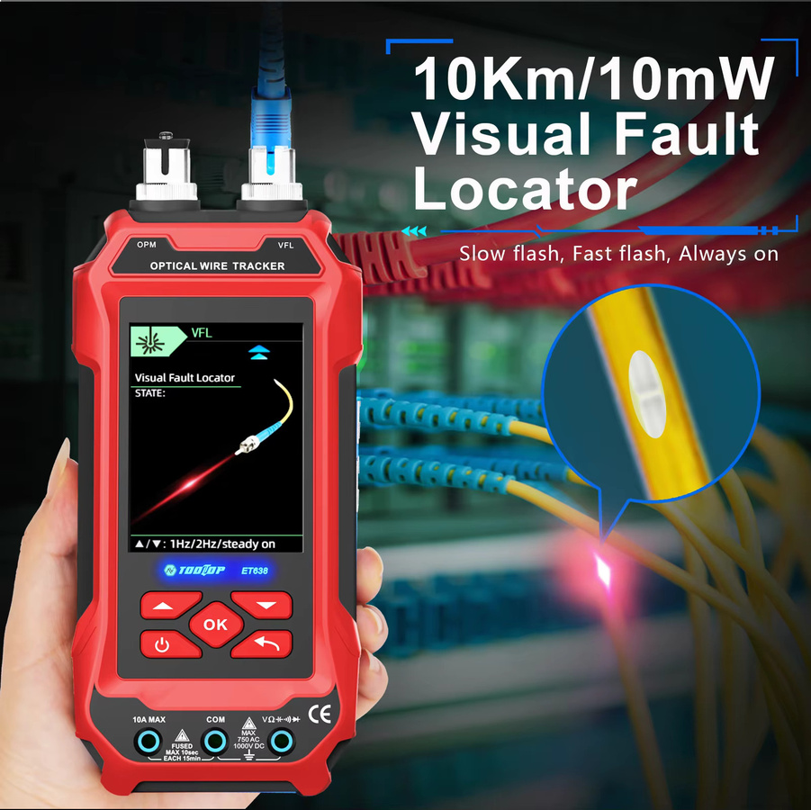 TOOLTOP 4-in-1 Netzwerkkabeltester in Rot mit optischem Leistungsmesser, Multimeter, VFL und PoE-Tester für Strukturverkabelung - Bild 4