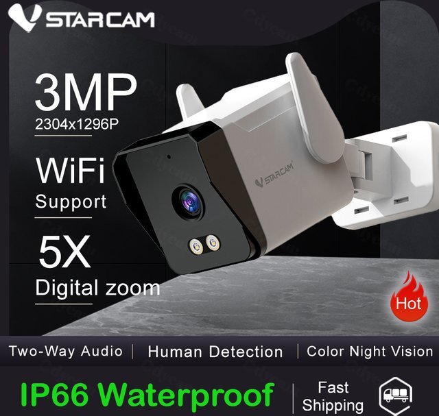 Vstarcam IP Kamera Outdoor mit 3MP Auflösung, Audio, 5x Digital Zoom und Nachtsicht, Wasserdicht Bullet CCTV Home Cam in Weiß - Bild 1