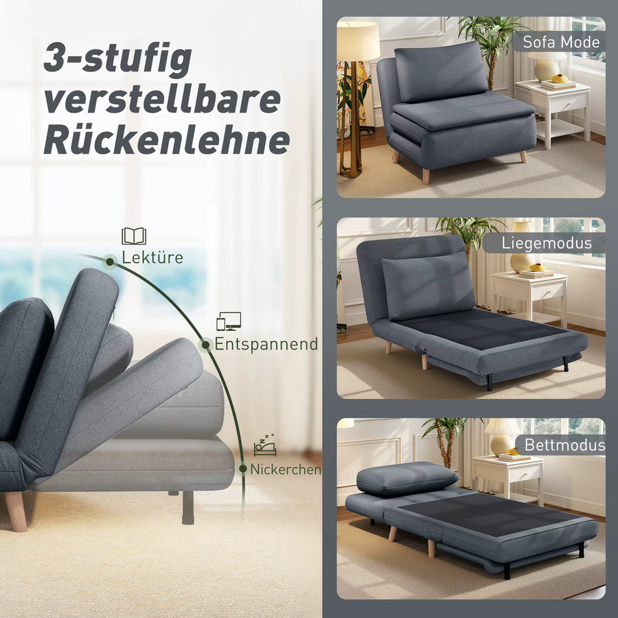 HOMCOM Schlafsessel 3-in-1 als Schlafsofa und Relaxsessel mit Bettfunktion, Leinenoptik in Grau, inklusive Lendenkissen, B/T: 191 x 95 cm - Bild 3