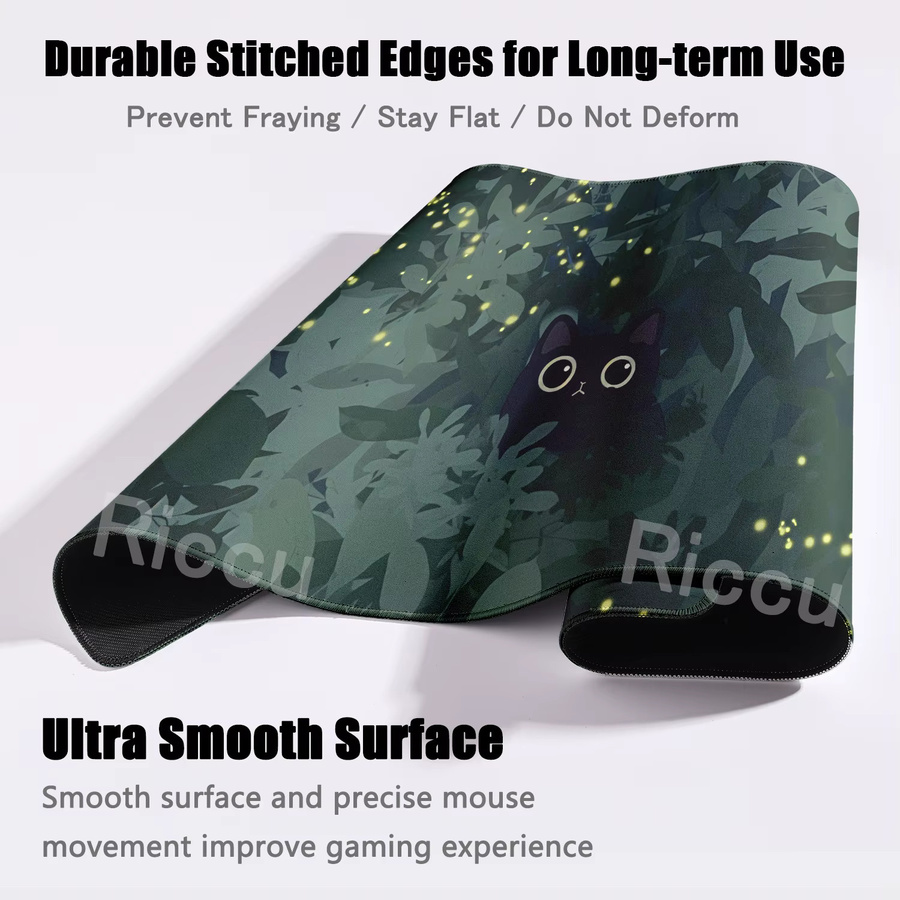 Riccu XXL Mauspad Anime Design Schwarze Katze und Grüne Pflanzen Schreibtischunterlage für PC und Gaming - Bild 2