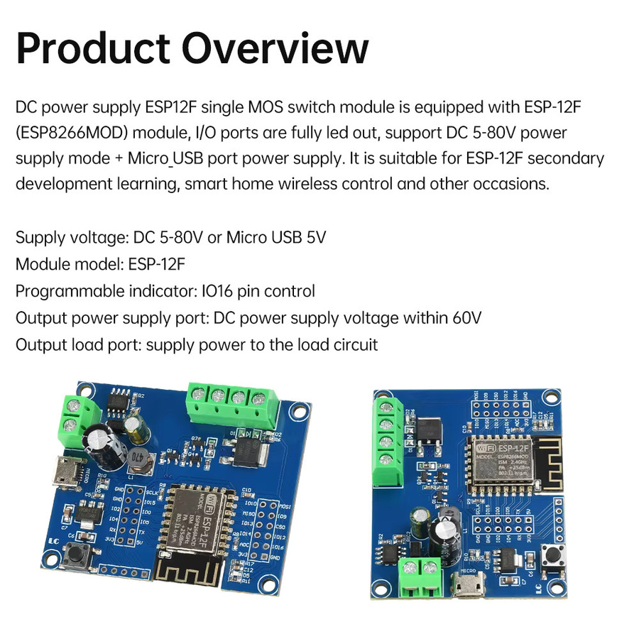 ESP8266 WIFI Einzelrelais MOS Switch Control Modul ESP-12F Entwicklungsboard mit Micro-USB-Schnittstelle in Blau (DC 5-80V) - Bild 3