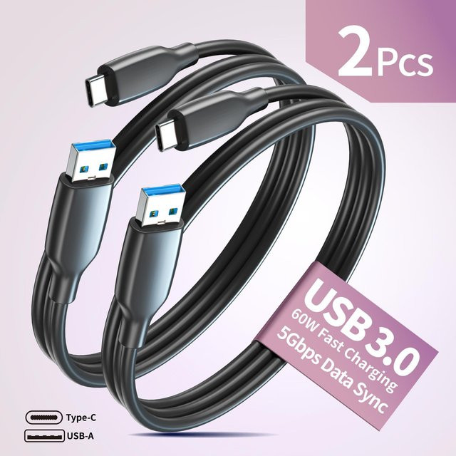 2 Stück USB-C Schnellladekabel 60 W mit USB 3.0 Hochgeschwindigkeits-Datenübertragung in Schwarz - Bild 1